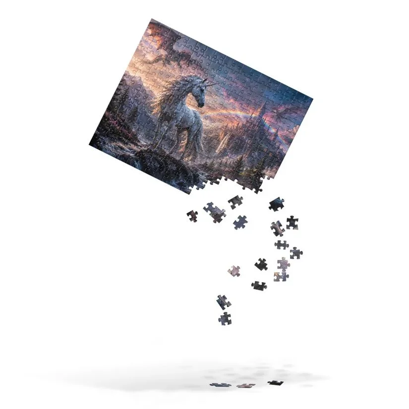 A partially assembled jigsaw puzzle depicts a majestic horse in a fantasy landscape with ruins and a colorful sky, with some puzzle pieces missing and falling below.