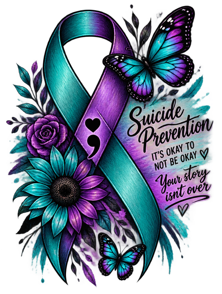 An illustration featuring a teal and purple awareness ribbon, surrounded by purple flowers, green leaves, and blue butterflies. The image includes the text 'Suicide Prevention. It's okay to not be okay. Your story isn't over.'