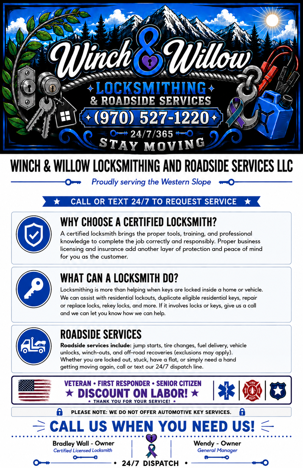 Advertising flyer for Winch & Willow Locksmithing and Roadside Services LLC, featuring mountain landscape background, with icons of keys, locks, a car, and emergency symbols. Includes contact information, services offered, and a note about discounts for veterans, first responders, and seniors.