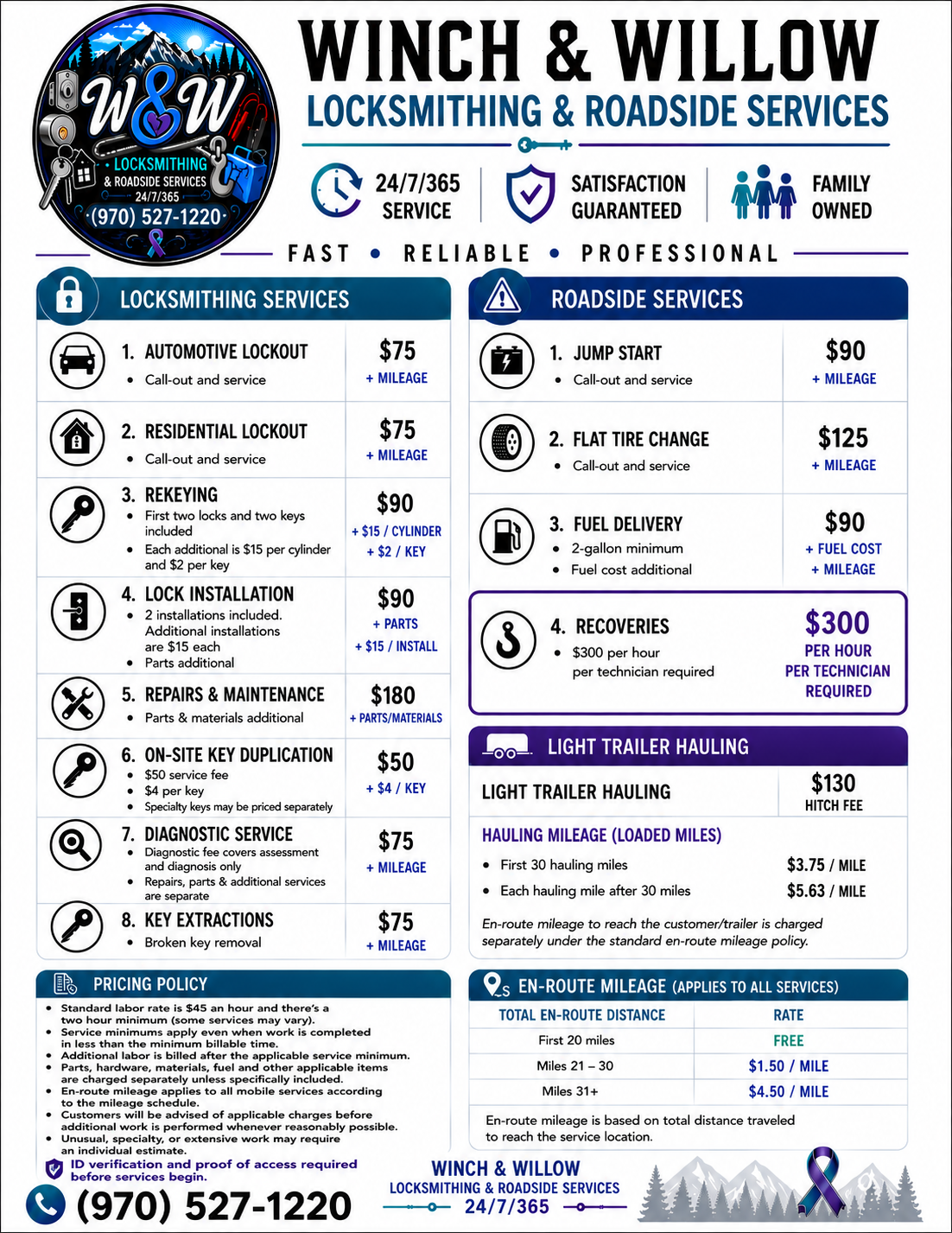 A detailed advertisement for Winch & Willow Locksmith & Roadside Services, offering locksmith and roadside assistance services with prices, contact information, and service details.