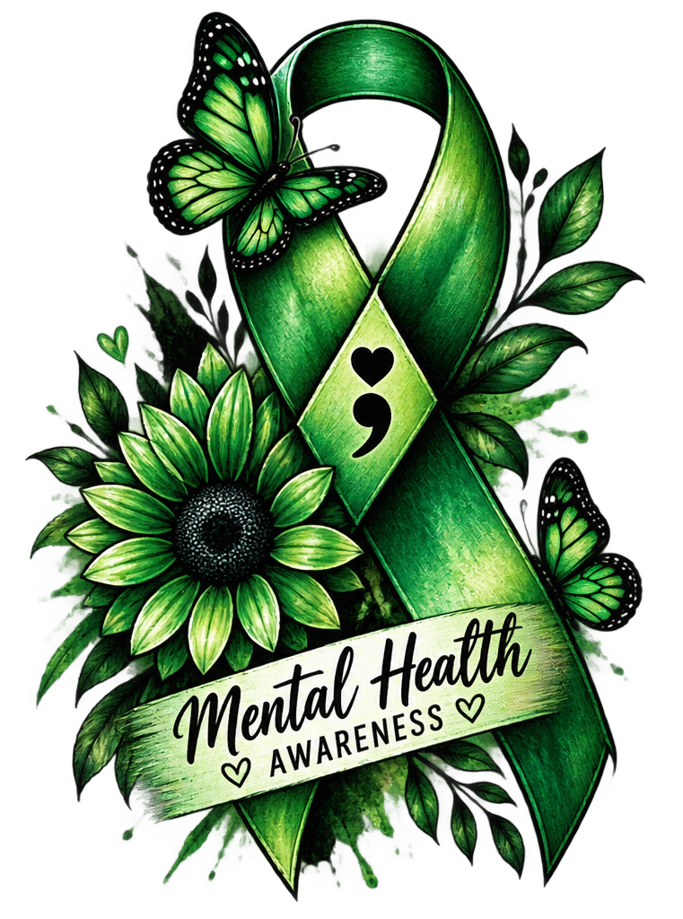 Green awareness ribbon with a sunflower and two butterflies, with a banner reading 'Mental Health Awareness' and a ribbon featuring a semicolon and heart symbols.