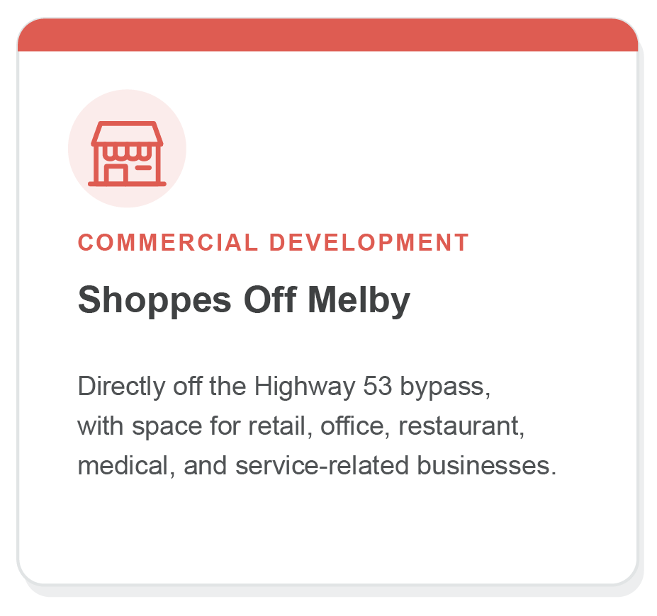 Sign for commercial development of a shopping area called Shoppes Off Melby, located off Highway 53 bypass with space for retail, office, restaurant, medical, and service businesses.