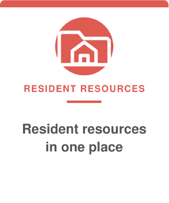 Logo with a house icon inside a red circle and the text 'Resident Resources' above the slogan 'Resident resources in one place'.