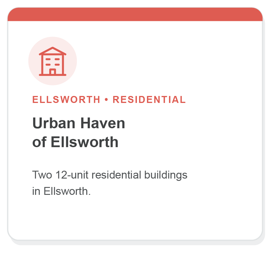 Information card about Urban Haven of Ellsworth, featuring a simple house icon and text describing two 12-unit residential buildings in Ellsworth.