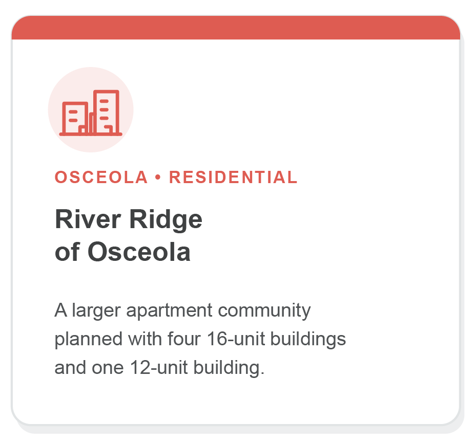 Information card about River Ridge of Osceola, a residential apartment community with four 16-unit buildings and one 12-unit building.