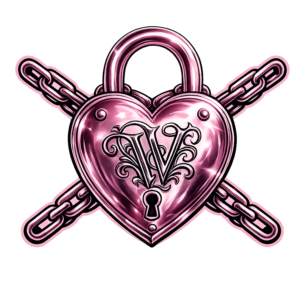 A pink metallic heart-shaped lock with an intricate letter design on it, crossed by a chain and set against a colorful abstract background. Vera Vendetta queer trans stripper transexual escort
