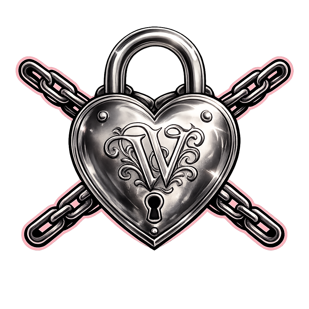 A metallic, silver heart-shaped lock with the letter "V" engraved on it, surrounded by a chain in the background. vera vendetta nonbinary stripper queer friendly lgbt friendly escort