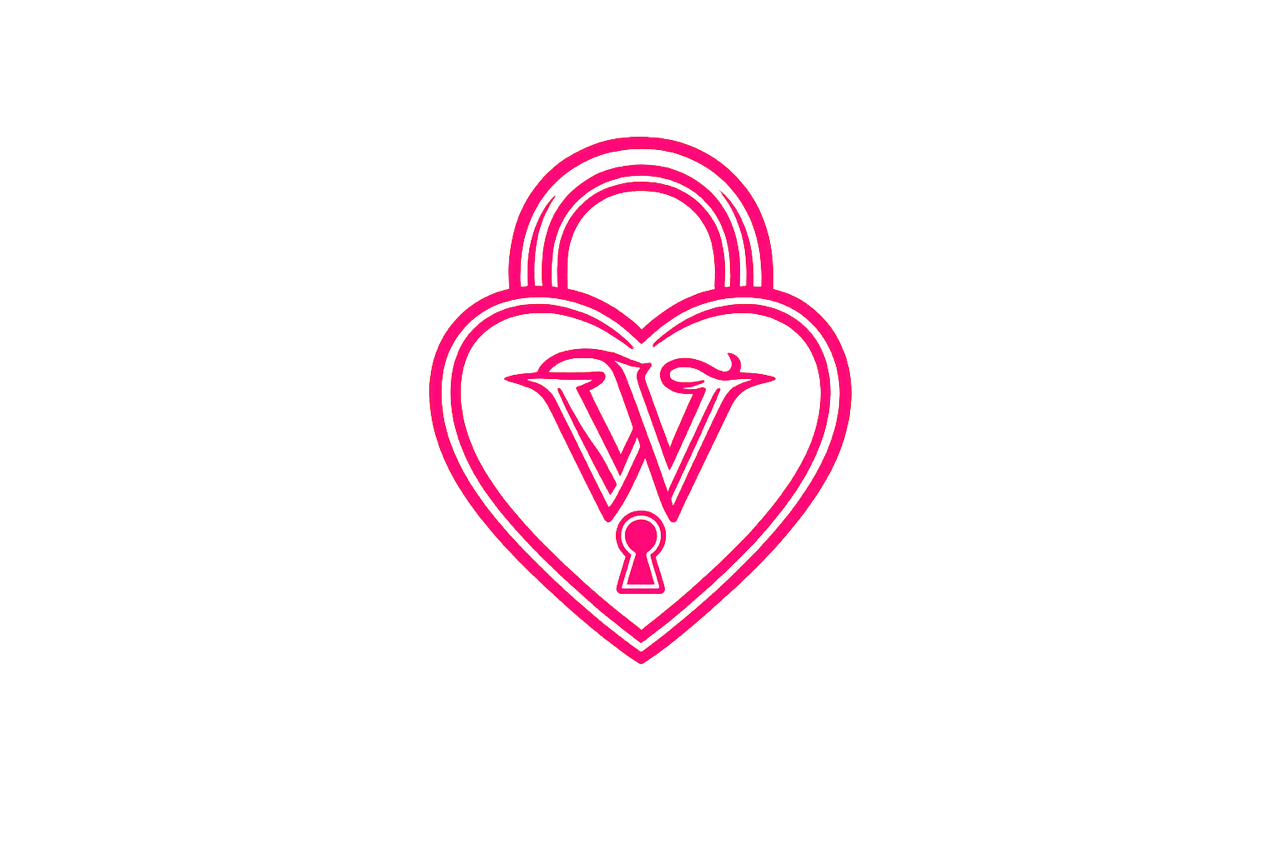 Pink neon outline of a heart-shaped padlock with the letter's 'V V' inside standing for Vera Vendetta, on a black background.