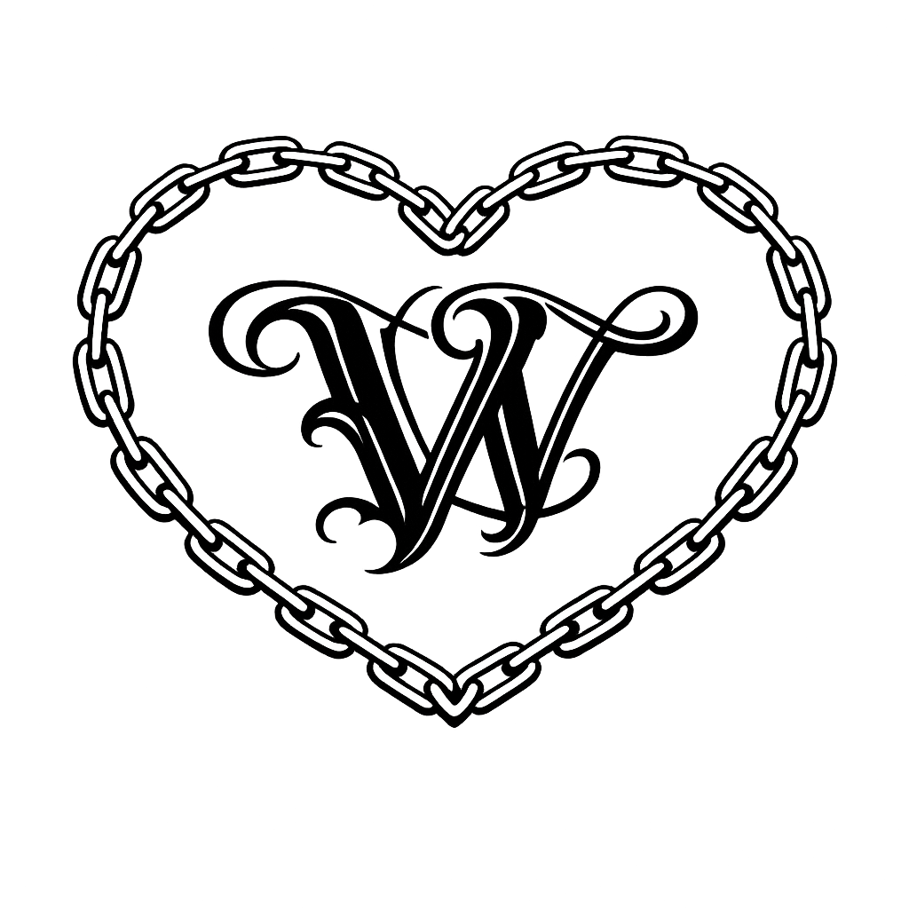 Outline of a heart shape made of white chain links on a black background. Vera Vendetta trans stripper strip club bachelorette party lesbian wedding gay wedding lgbt wedding entertainment nonbinary stripper queer friendly bachelor party ideas Seattle