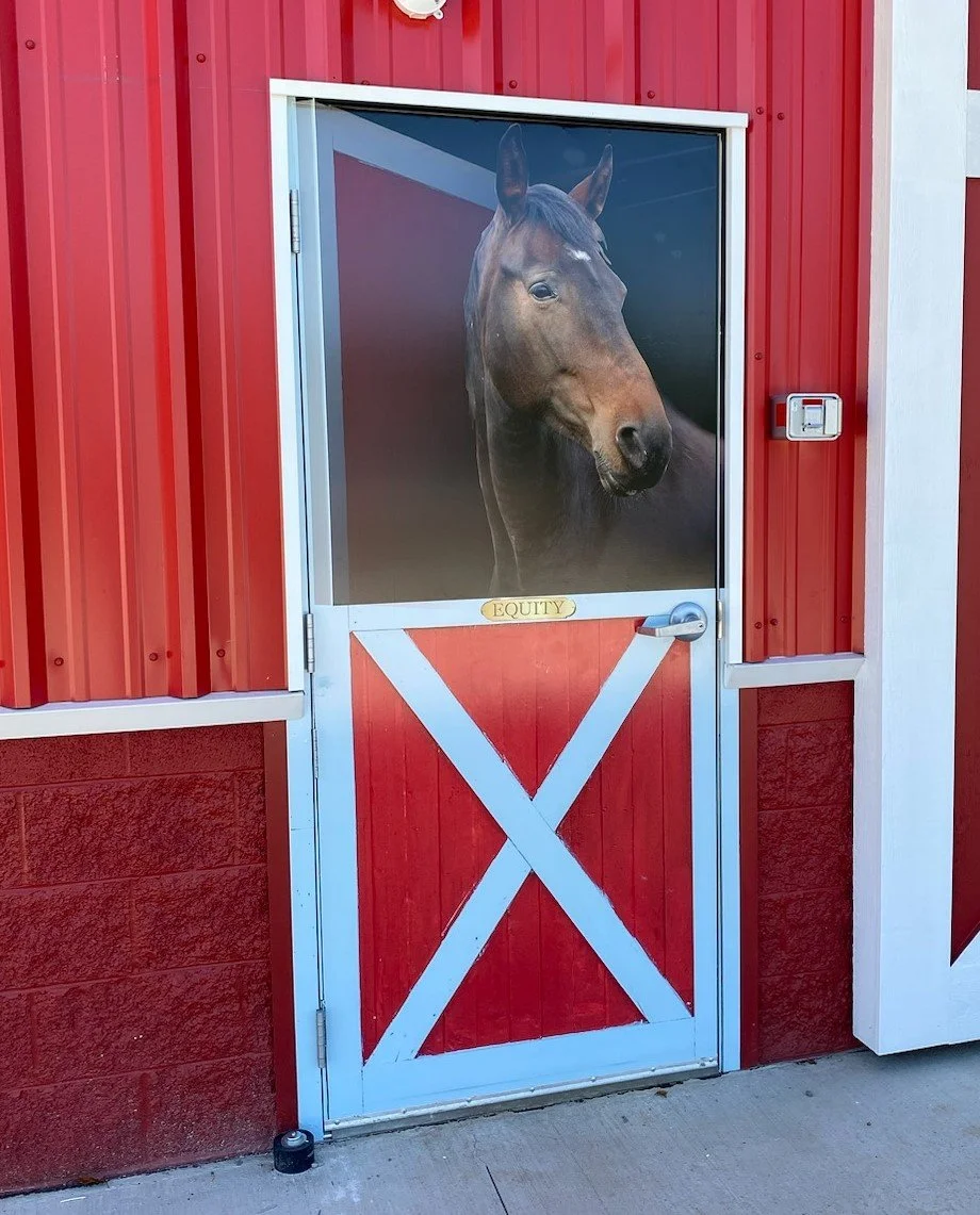 A red barn-style door with a horse's head displayed on a window in the upper half. The door has a plaque labeled "EQUITY" on it.