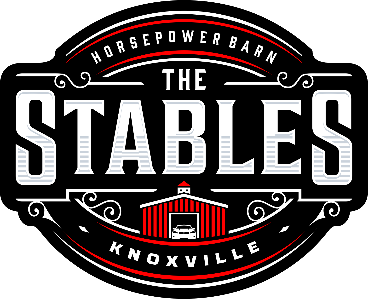 Logo for Horsepower Barn in Knoxville featuring a stylized barn with car inside, and decorative elements in red, black, and white.
