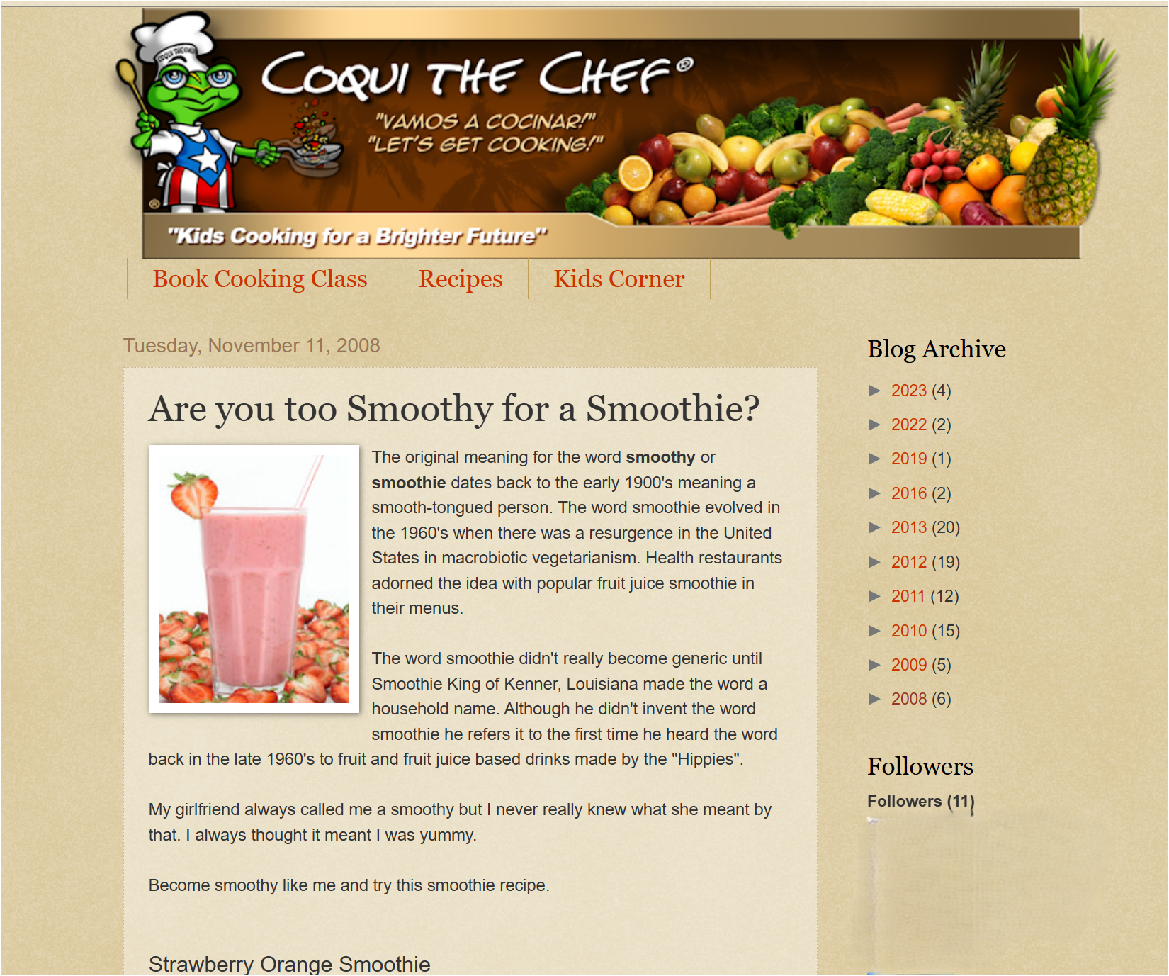 Screenshot of the original Coqui the Chef® blog featuring early food, nutrition, and cultural cooking content.