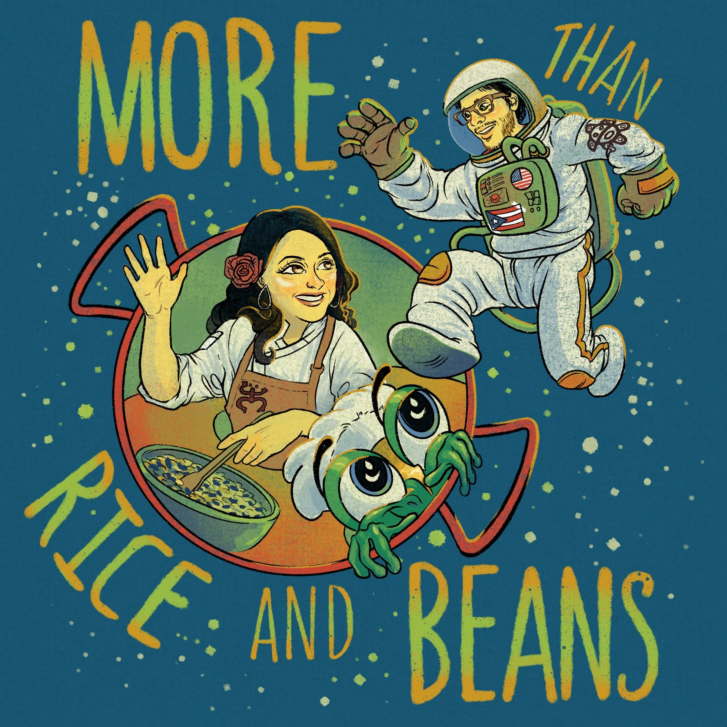 Illustrated More Than Rice and Beans® podcast cover featuring Tania Lopez, Miguel Diaz, and the Coqui mascot.