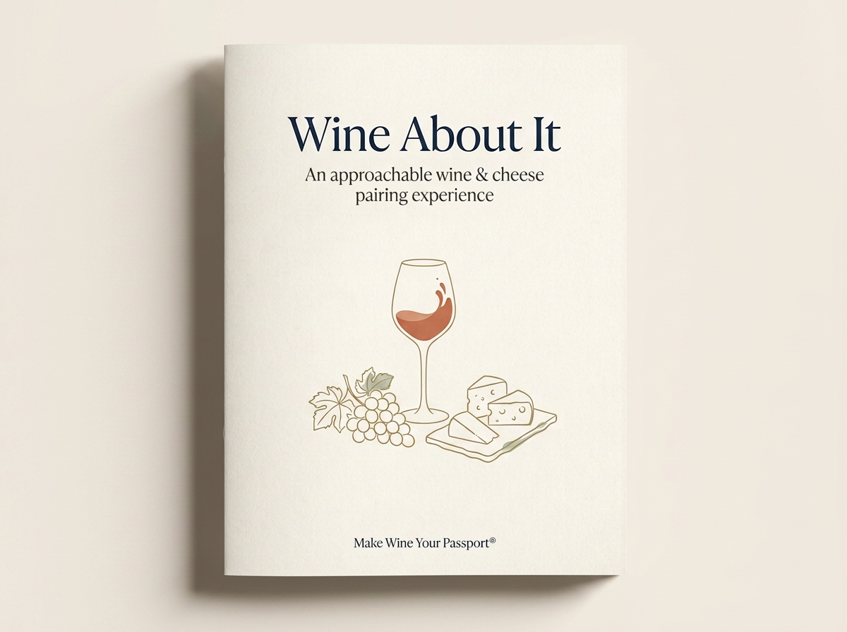 A booklet titled 'Wine About It' with a subtitle 'An approachable wine & cheese pairing experience'. The cover features an illustration of a glass of red wine, a bunch of grapes, and a cheese platter with two pieces of cheese.