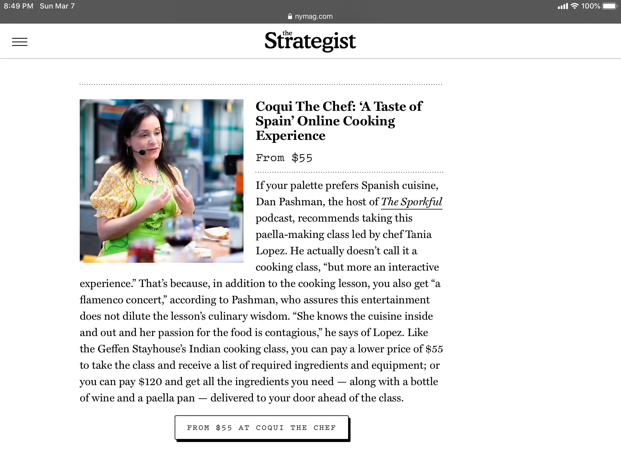 Screenshot of The Strategist feature on Coqui the Chef® and its online Taste of Spain paella experience.