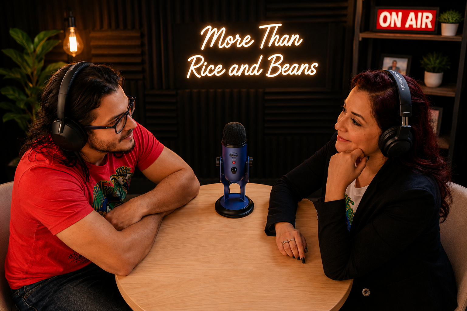 Tania Lopez and Miguel Diaz in the studio for the More Than Rice and Beans podcast.