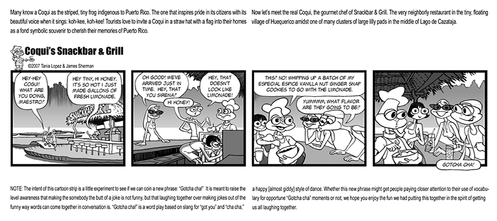 Early Coqui the Chef® comic-strip artwork created as a food and nutrition education character.
