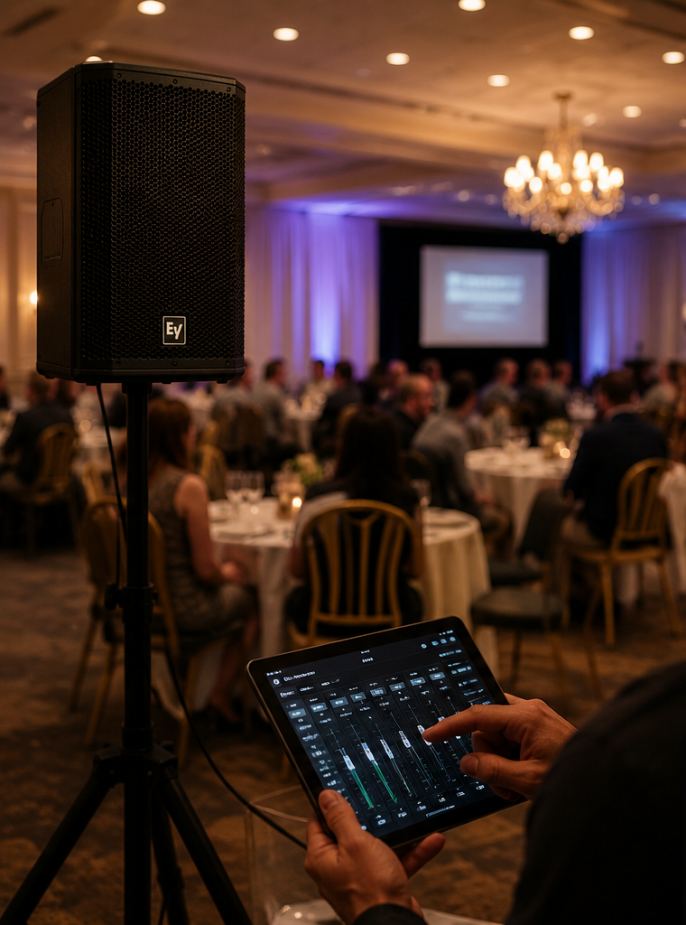 A speaker and a person adjusting audio controls on a tablet at a large event or conference in an elegant ballroom with round tables, seated guests, a stage with a large screen, and chandeliers.