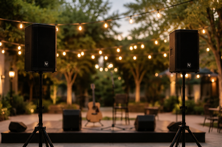 Outdoor stage with two large black speakers on stands, a guitar, and microphones, surrounded by string lights and trees at dusk.