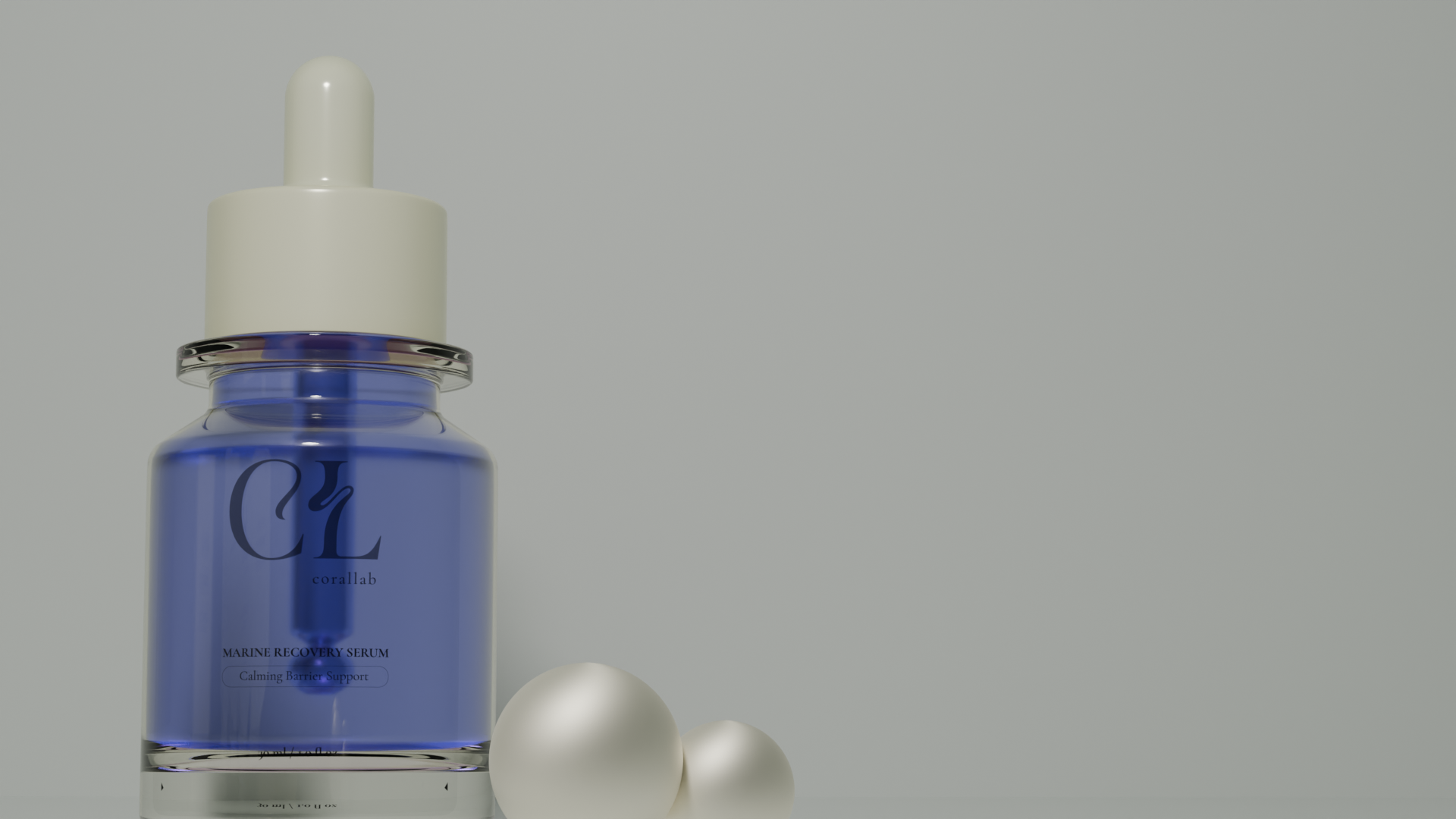 A blue bottle of CL coral lab marine recovery serum with a white dropper cap, accompanied by a few white spherical pearls, against a plain light background.