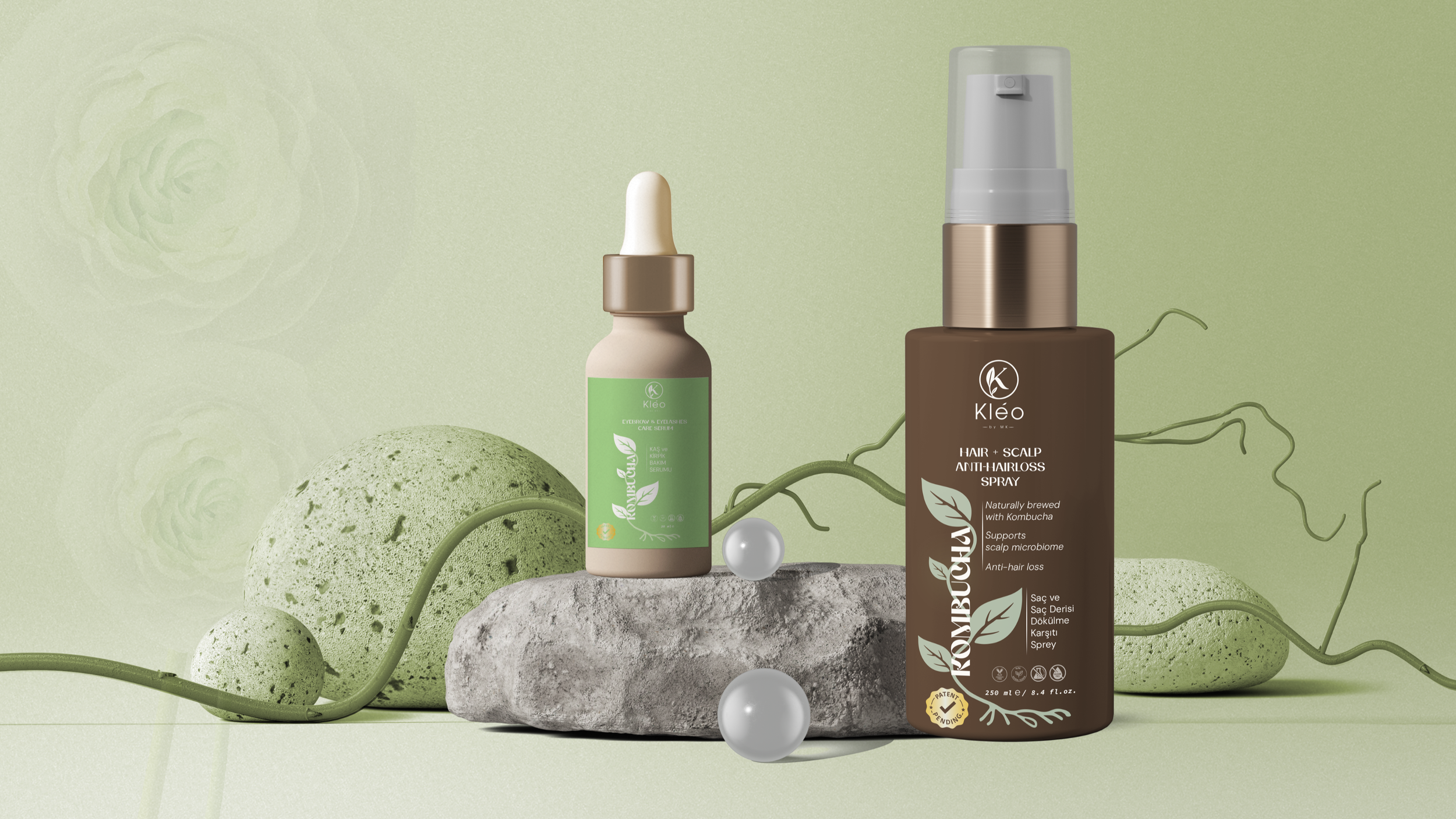 Kléo haircare markası için symbiotic living konseptiyle tasarlanan ambalaj ve marka kimliği.