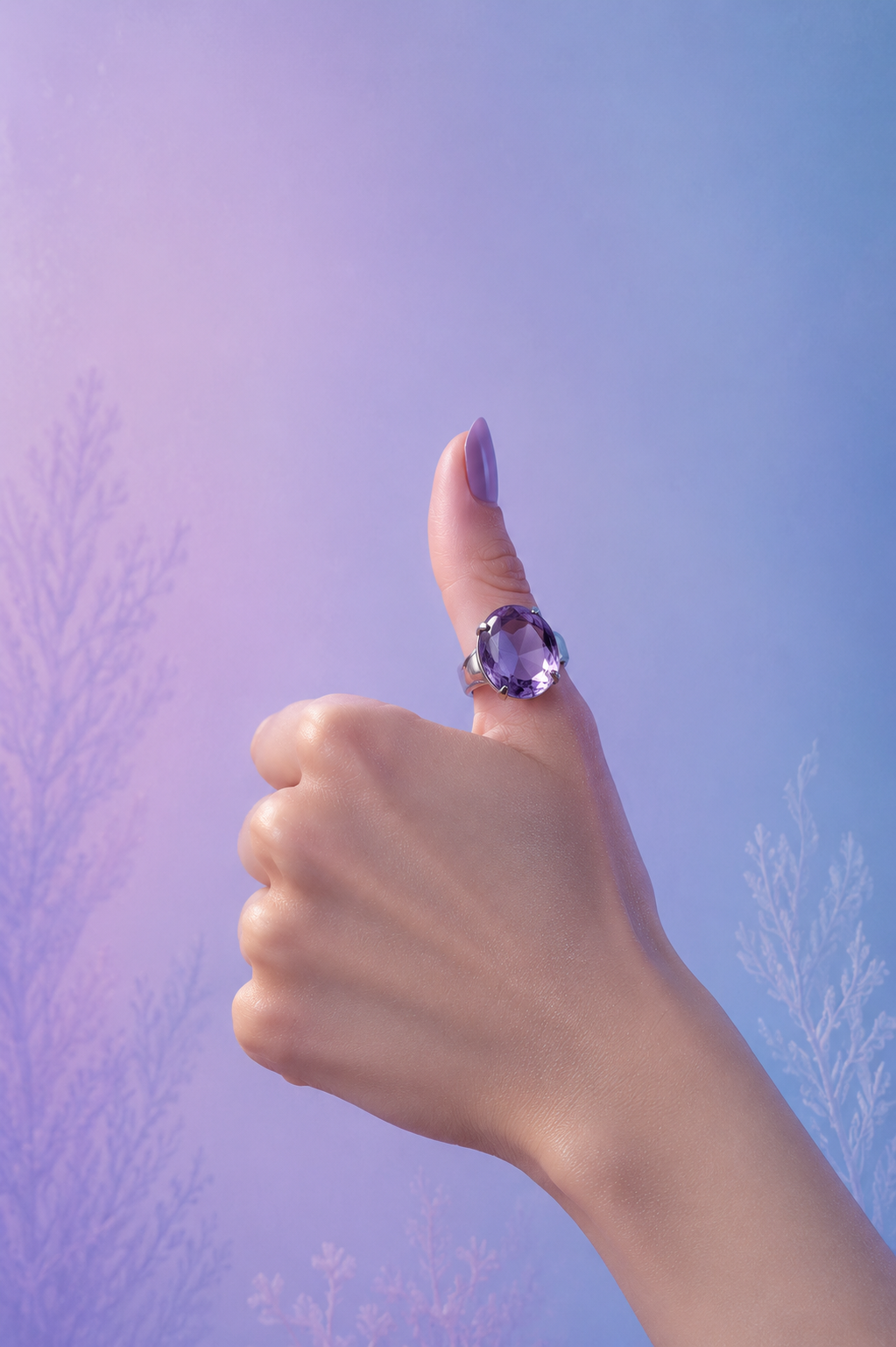 Close-up of a hand giving a thumbs-up, wearing a large purple gemstone ring, with a pastel-colored background and faint botanical illustrations.