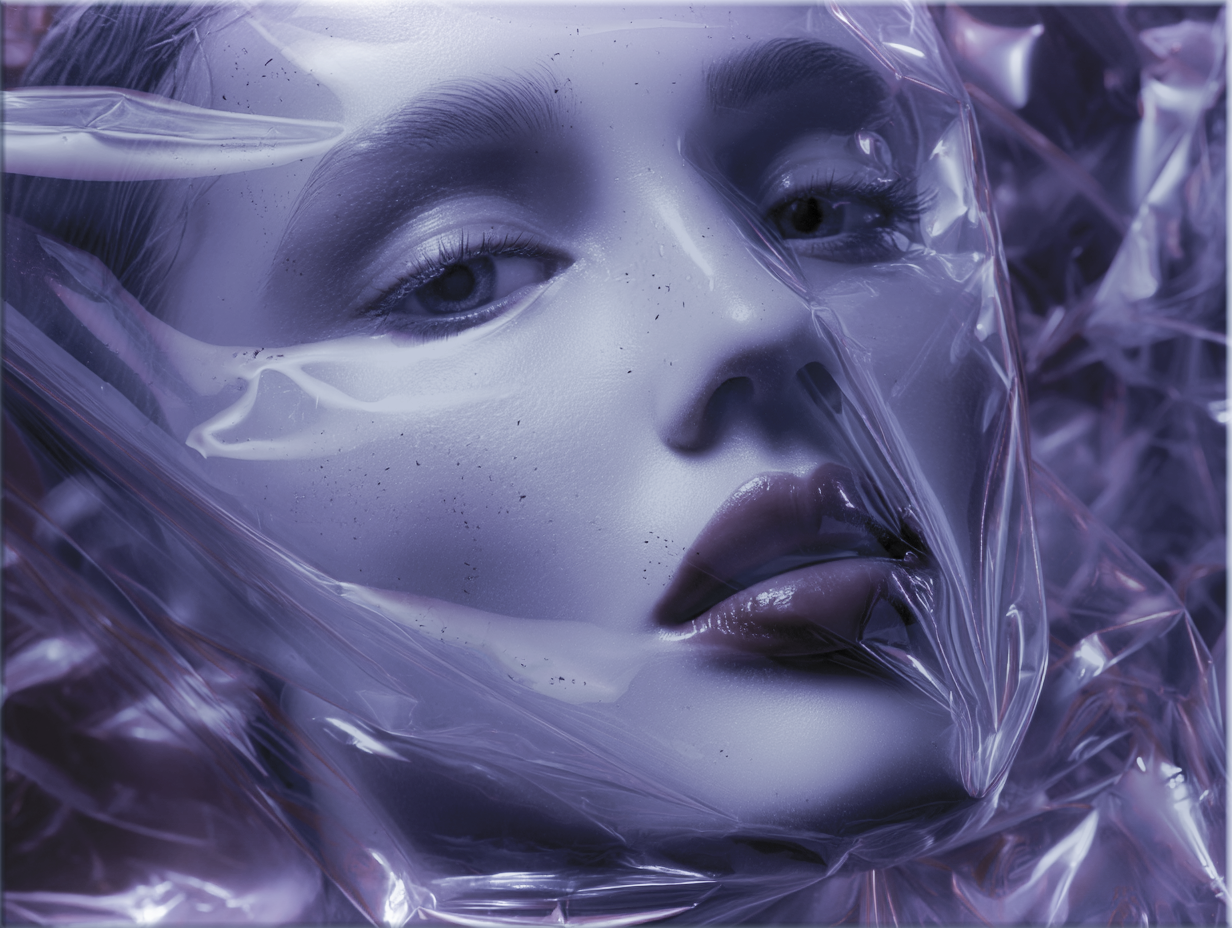 Close-up of a woman's face with makeup, eyes open, lips slightly parted, wrapped in transparent plastic.