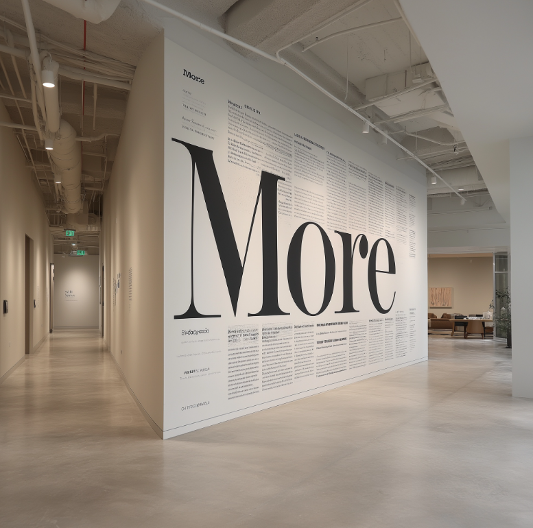 Interior of an art gallery or museum with a large wall displaying the word "More" in bold black letters, surrounded by text and information in smaller font.