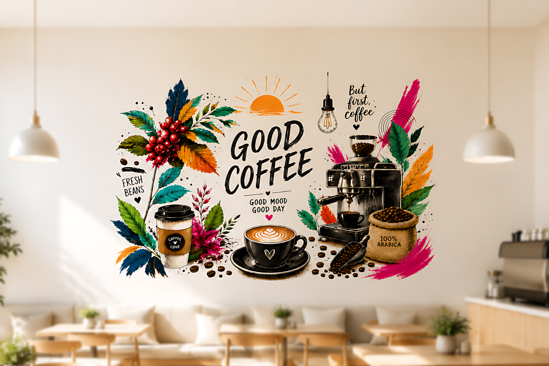 Decorative cafe wall art with coffee-themed illustrations, including a coffee cup with latte art, an espresso machine, a coffee bag labeled 100% Arabica, a to-go coffee cup, and vibrant leaves and berries, with the phrases "Good Coffee," "But first, coffee," "Fresh Beans," and "Good mood good day."