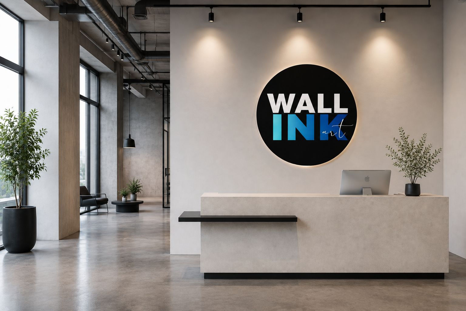 Modern office reception area with a white counter, potted plants, large windows, and a black circular wall sign that says "WALL INK" in bold white and blue letters.