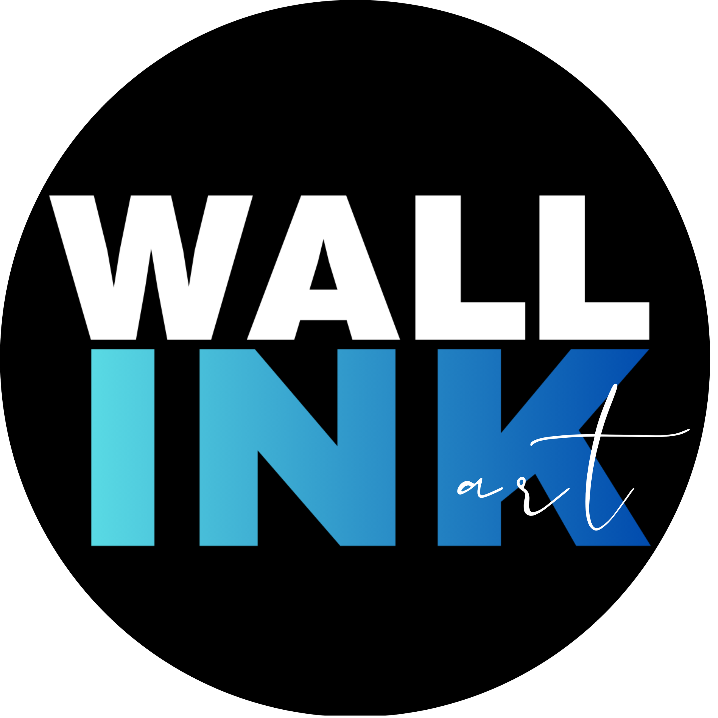 A close-up of a circular sign with the words "WALLPAPER" written in white on a black background and other partially visible text in blue and white.