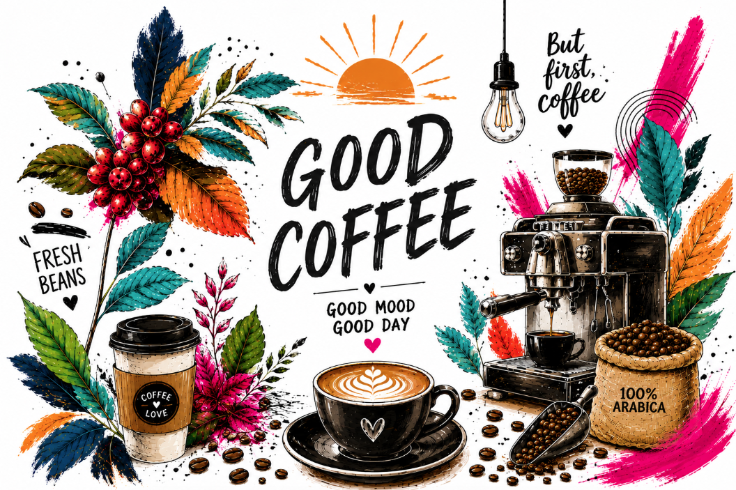 Colorful coffee-themed illustration with coffee beans, a coffee cup with latte art, a coffee machine, a to-go coffee cup labeled 'Coffee Love,' and decorated with vibrant leaves, berries, and abstract paint splashes, with text saying 'Good Coffee,' 'Good Mood Good Day,' and 'But first... coffee.'