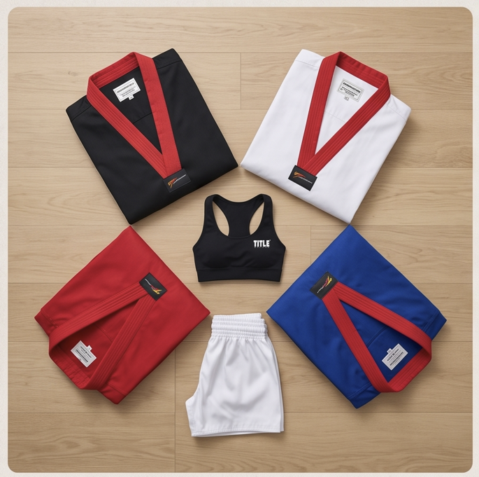 Martial arts uniform, including two black and two white gis with red belts, a pair of red shorts, a pair of blue shorts with red belt, and a black sports bra, all arranged on a light wooden surface.