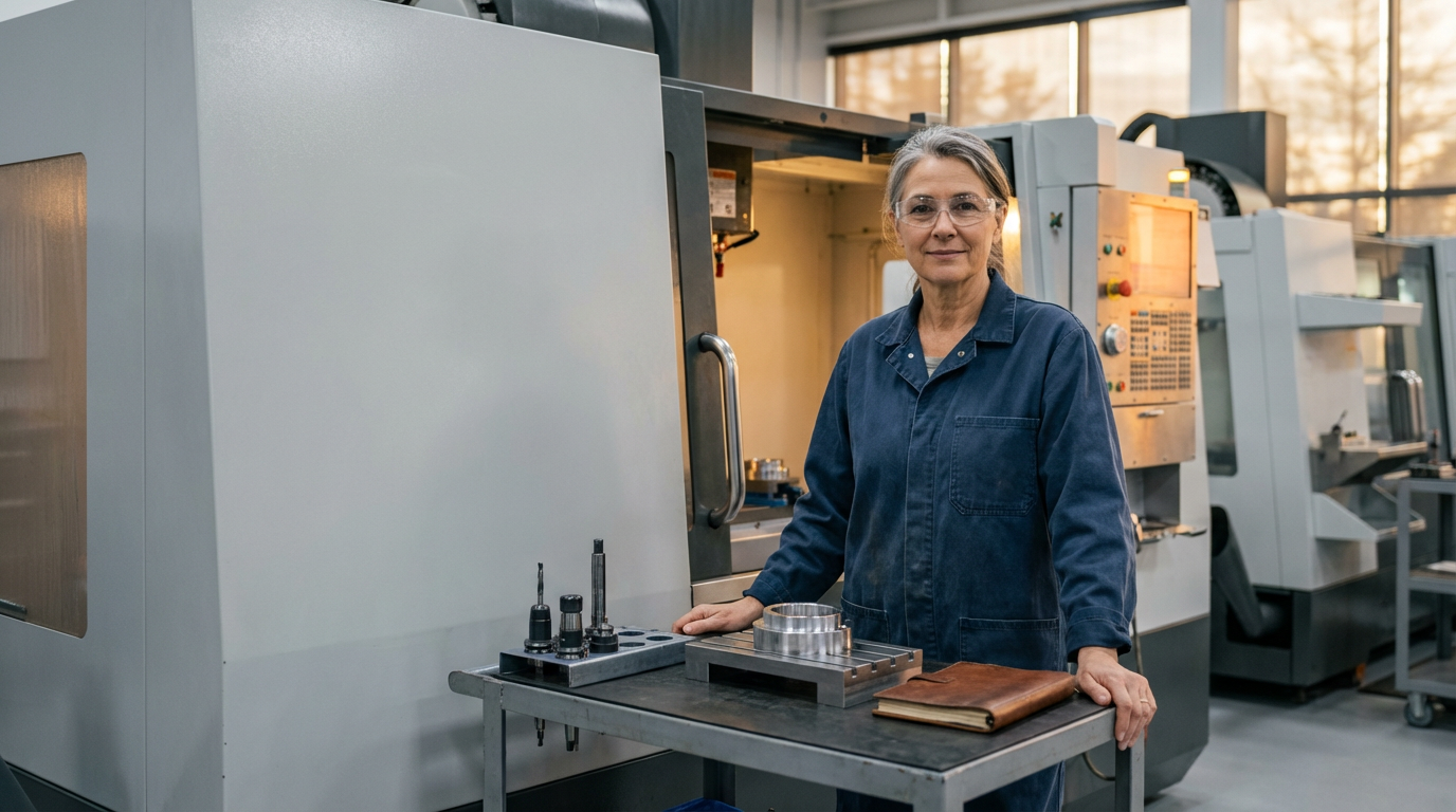 Older woman in safety glasses and blue jumpsuit standing next to a workbench with manufacturing tools in a factory or workshop.