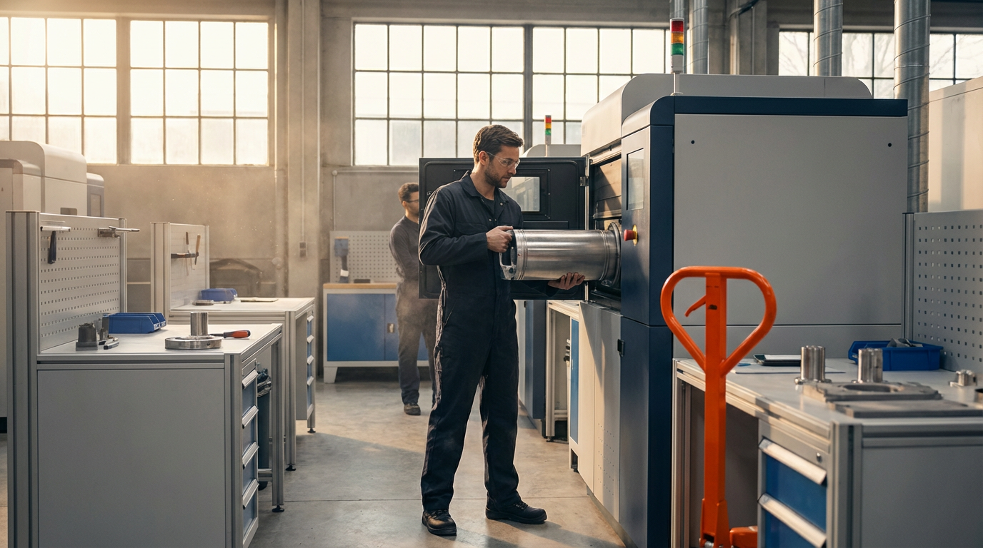 A man working with a large industrial machine in a workshop with large windows, another person in the background, and various tools and equipment around.