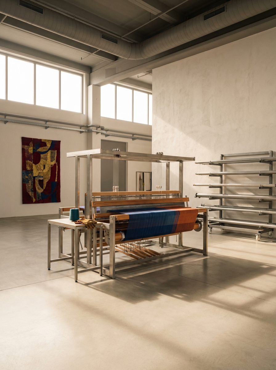 A weaving loom with colorful fabric in a gallery or studio space illuminated by natural light.
