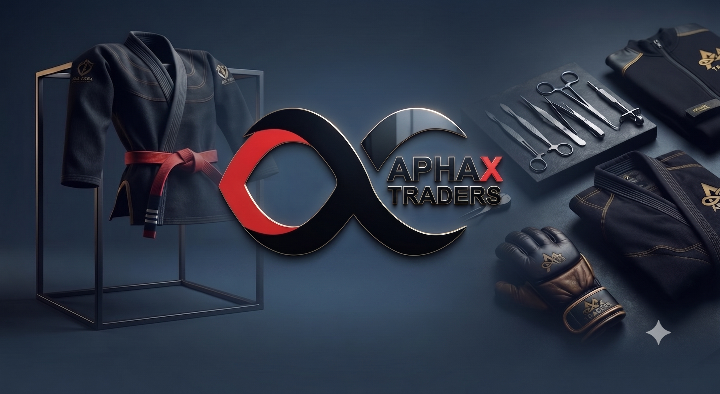 Display of martial arts gear including a gi with a red belt, gloves, uniforms, tools, and the logo for VAPHA X TRADERS.