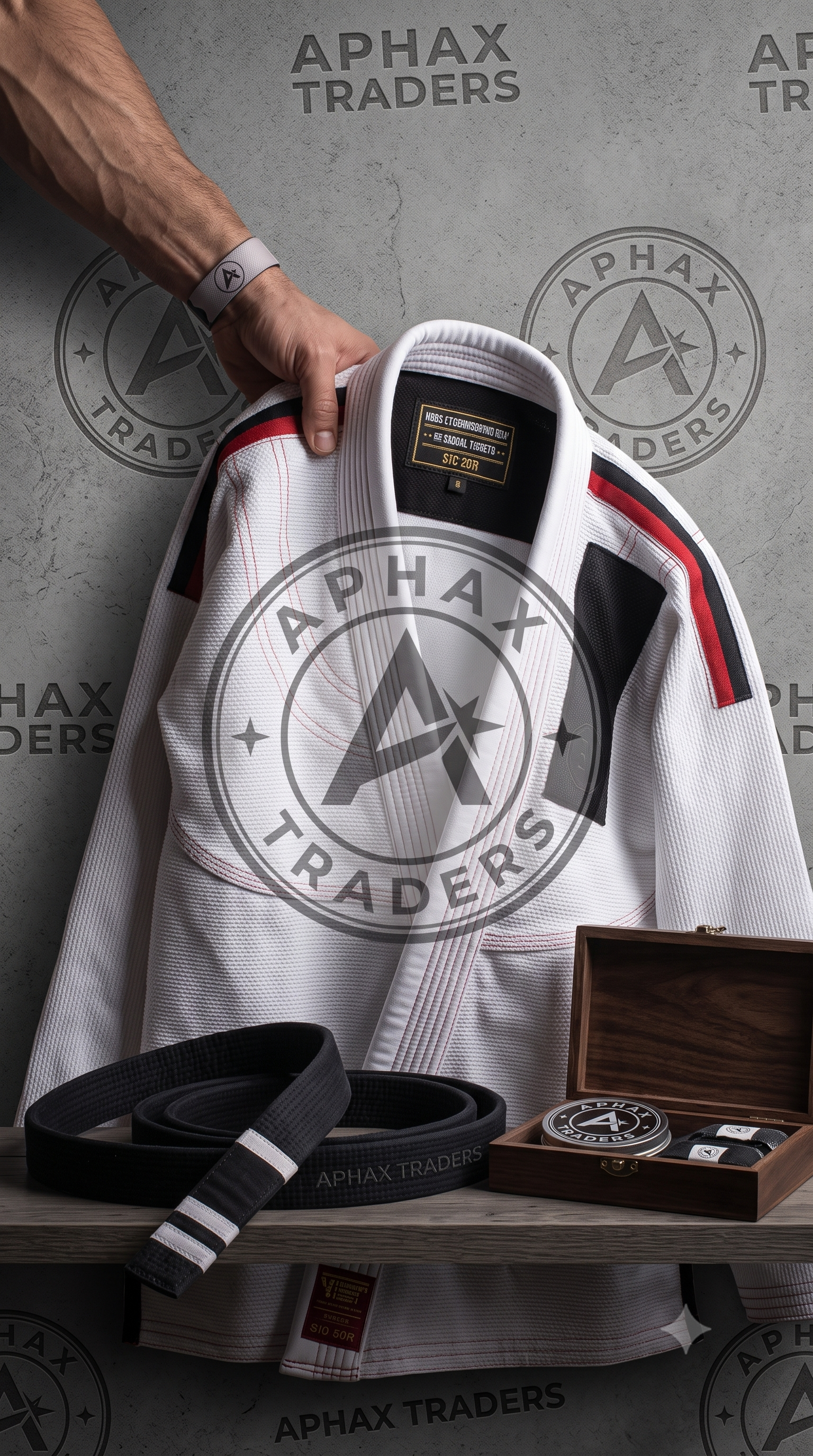 A white Brazilian Jiu-Jitsu gi with black, red, and black trim, hanging on a gray textured wall with "Aphax Traders" logos. A man's arm with a gray wristband is picking up the gi. On the table below, there are black belts, a wooden box with embroidered patches, and other martial arts accessories.