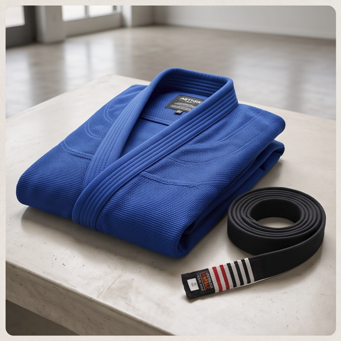 A blue Brazilian Jiu-Jitsu gi and a black belt with red and white stripes are folded and placed on a white surface.