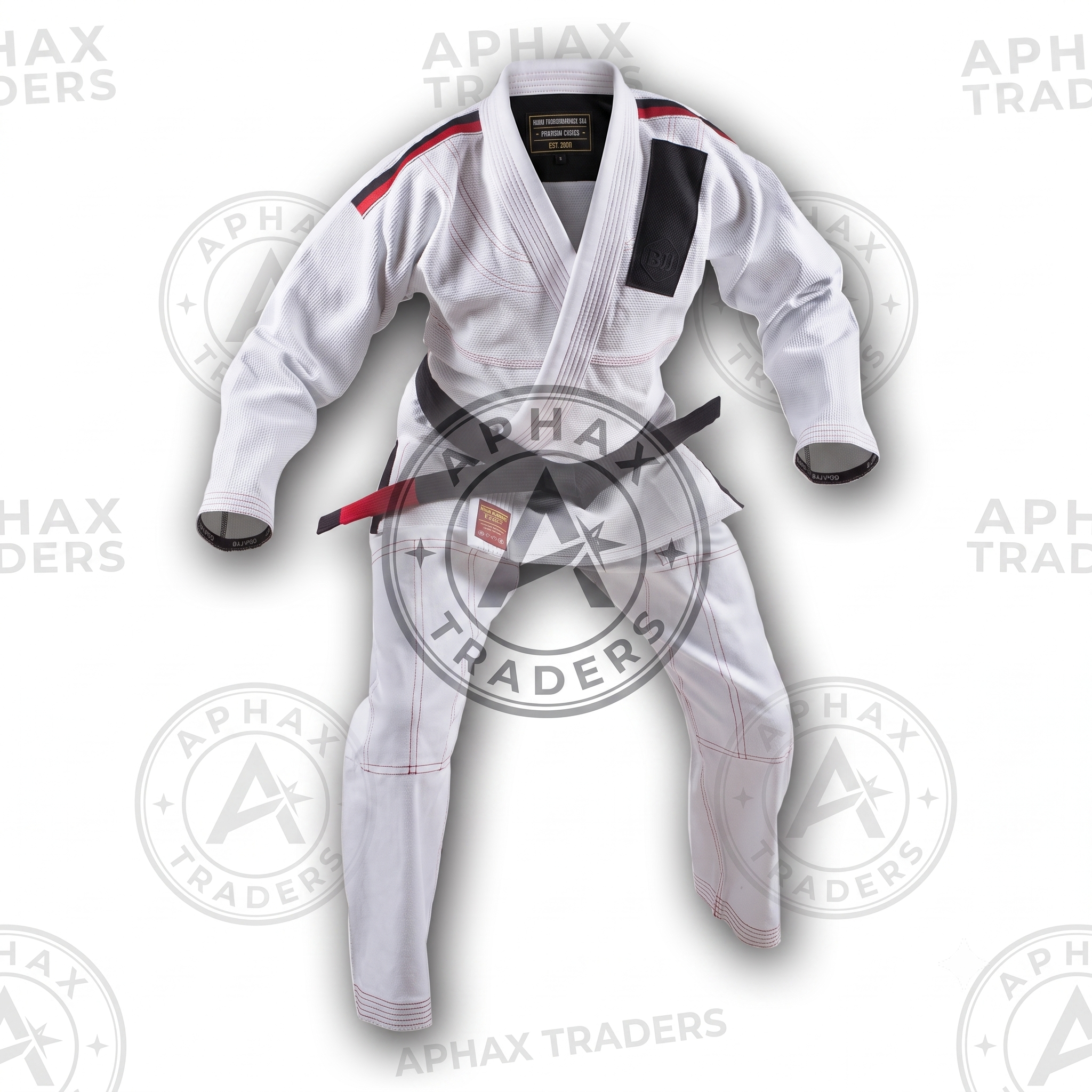 A white Brazilian Jiu-Jitsu gi with black and red accents, displayed against a white background with APHA Traders branding.