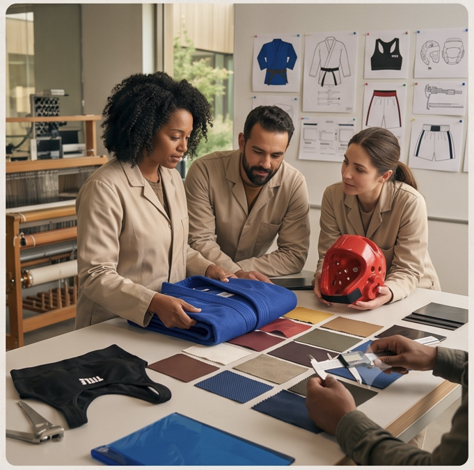 Three people in beige work uniforms collaborating around a table with fabric swatches, a folded blue fabric, a red safety helmet, and design sketches in an industrial workspace.