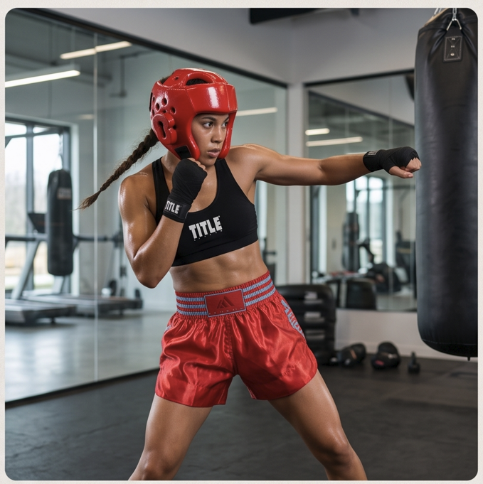 Female boxer wearing a red helmet and black sports bra practicing punches on a punching bag at gym.
