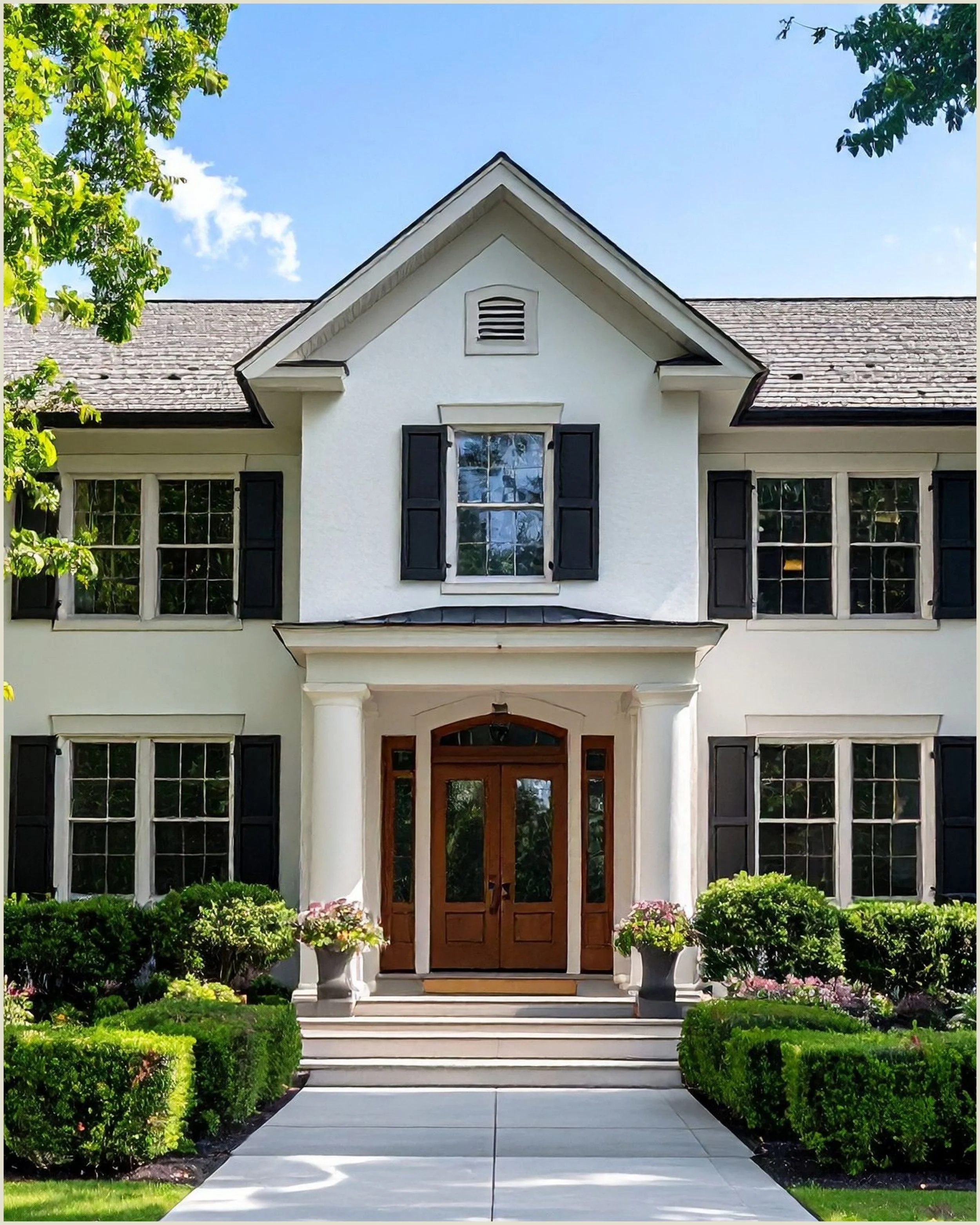 Front view of a white house with dark shutters, a wooden front door, and a gabled roof, surrounded by greenery and flower pots.