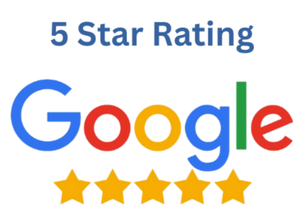 Google logo with five gold stars below it.
