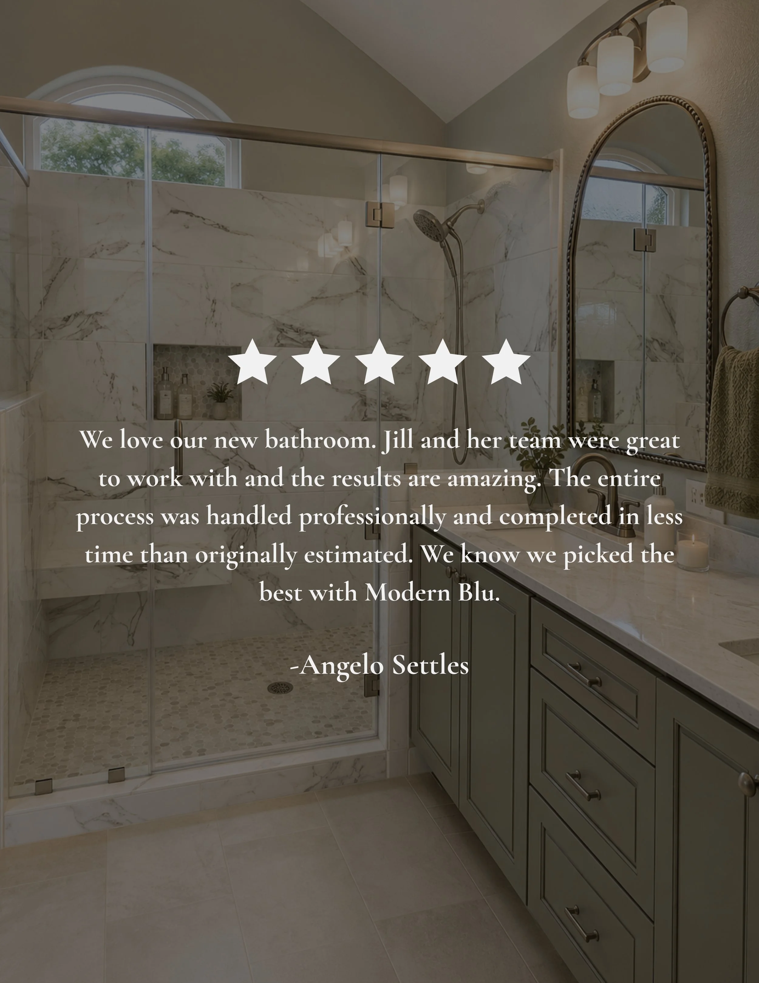 A modern bathroom with a glass shower enclosure featuring marble tile walls, a window with an arch, a gray vanity with drawer storage, a mirror, and a light fixture with five shades.