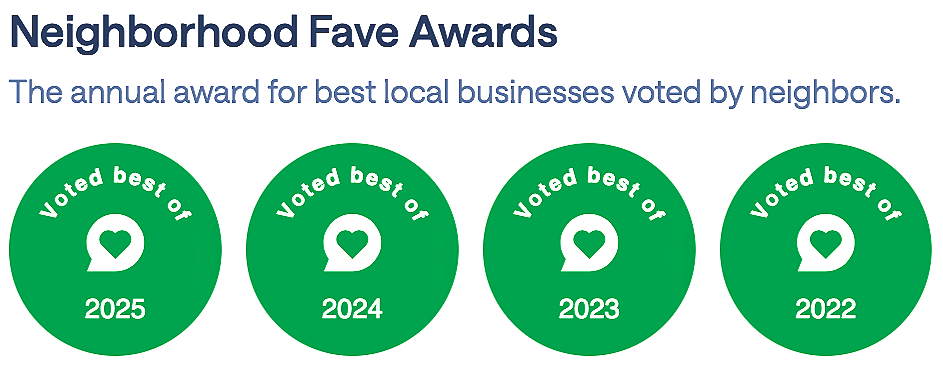 Four green circular badges with white text and symbols, each indicating a yearly award for best local businesses, from 2022 to 2025.