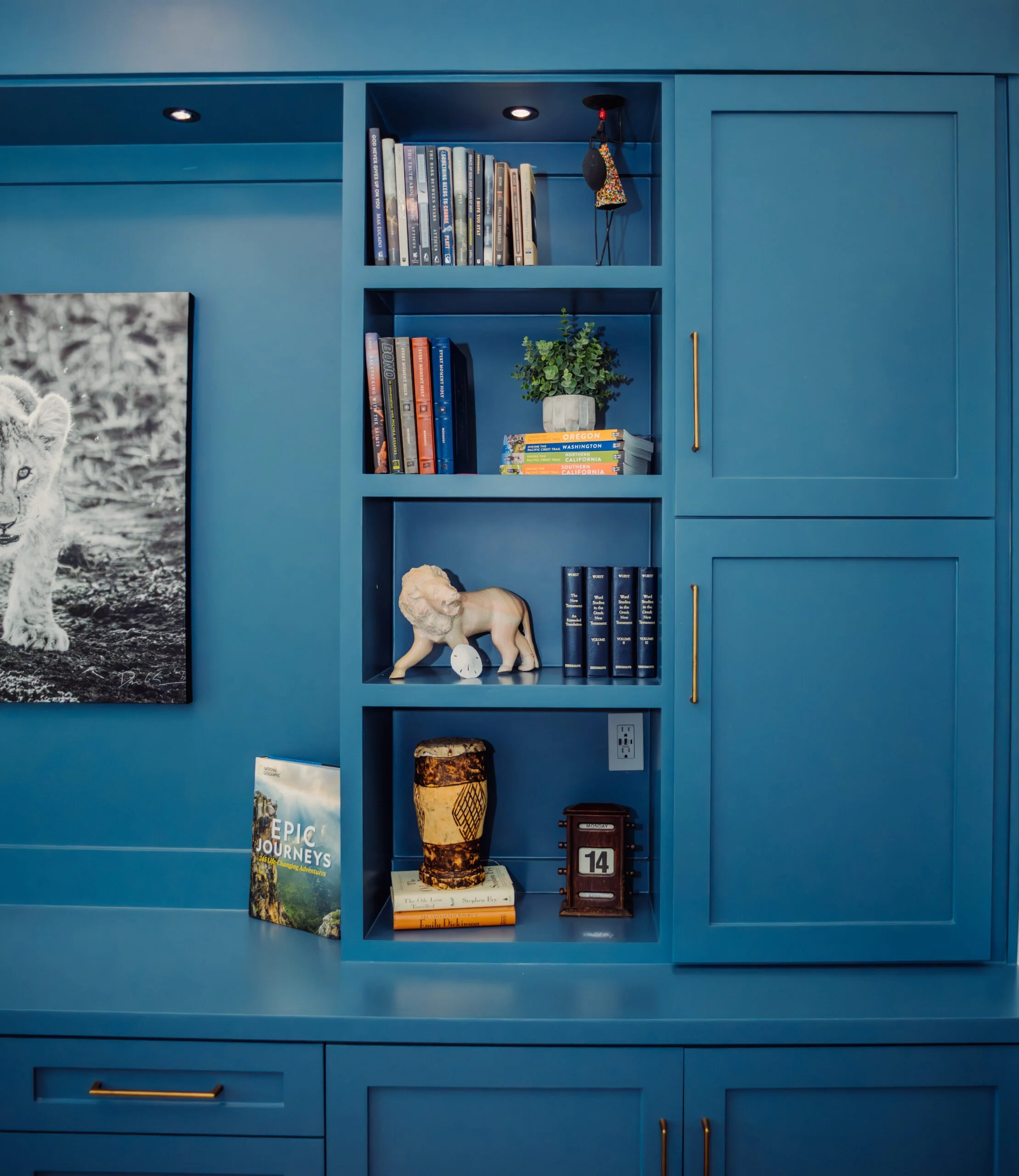 Blue built-in shelving unit with books, a decorative doll, a potted plant, a lion figurine, and various decorative objects, with black and gold handles.