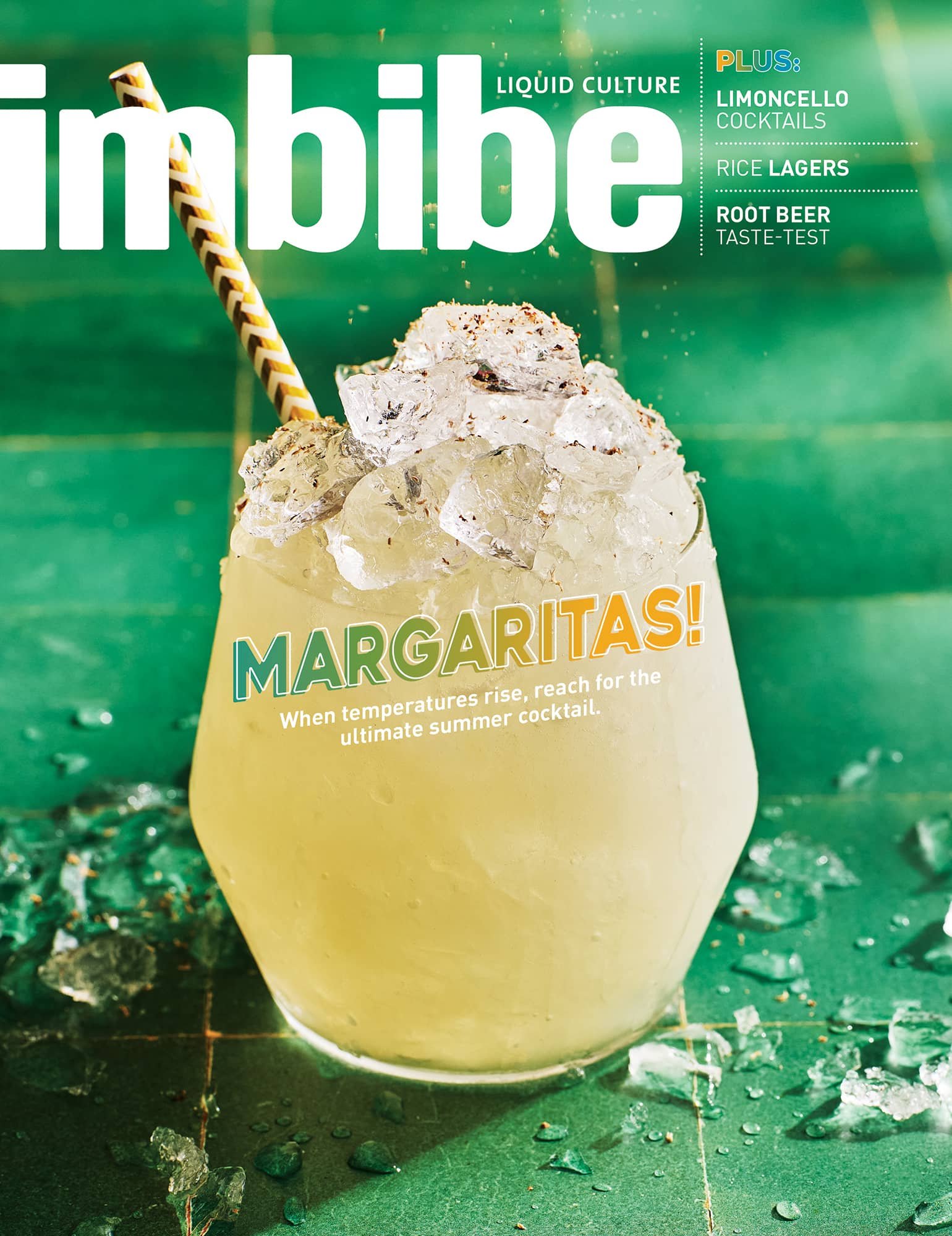A close-up image of a mango margarita cocktail with crushed ice and whipped cream topped with chocolate shavings in a white glass. The background is a green textured surface with scattered ice cubes.