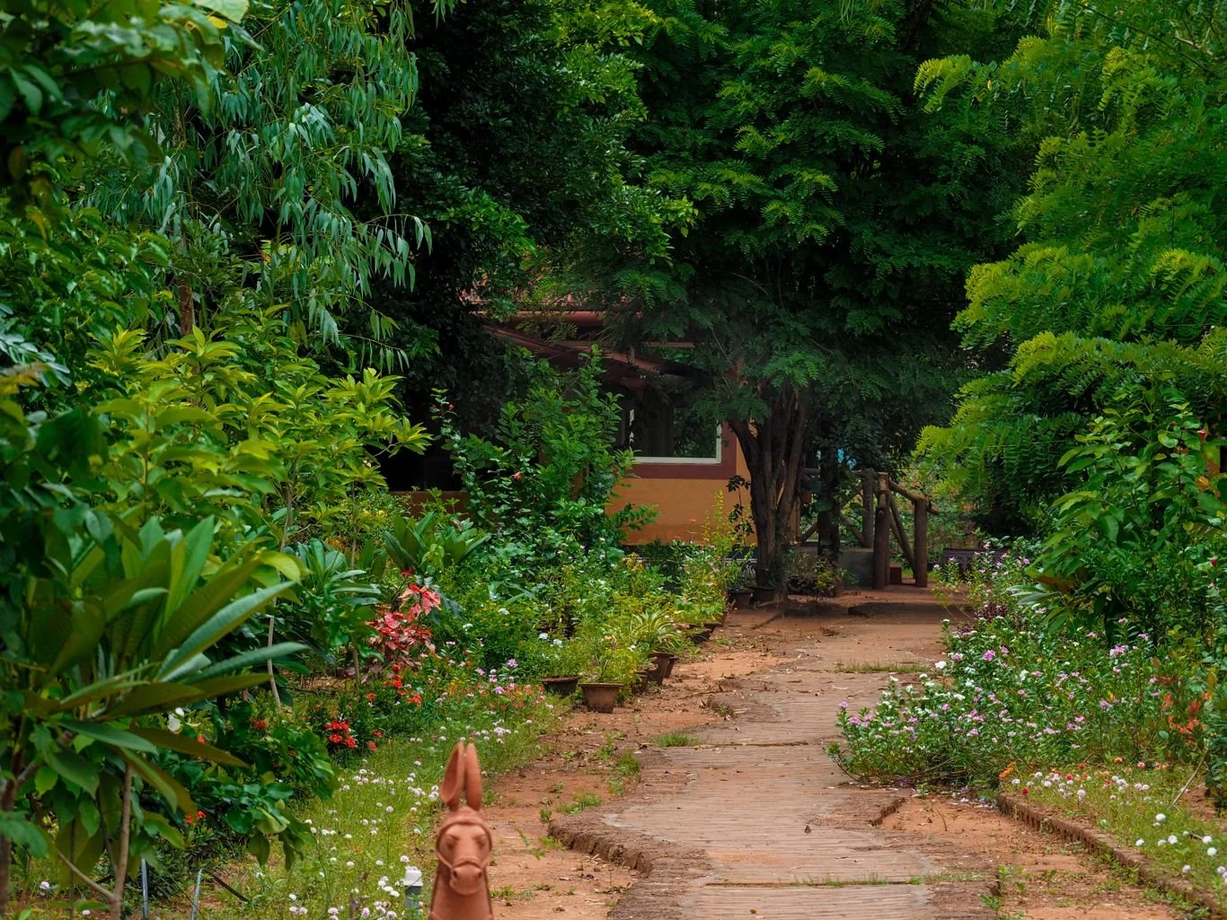 A garden pathway with lush green trees and flowering plants on both sides, leading to a house in the background with a window and a small porch.