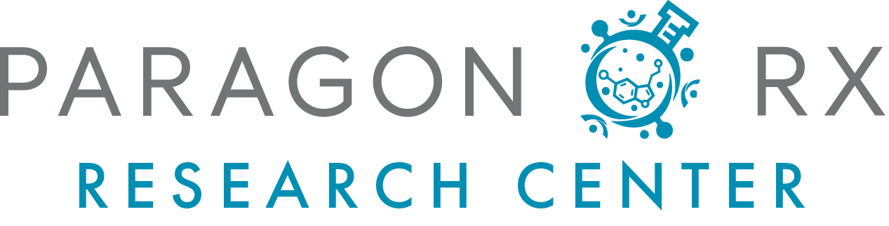 Logo of Paragon RX Research Center, with stylized molecular structure icon in blue between the words 'PARAGON' and 'RX'.